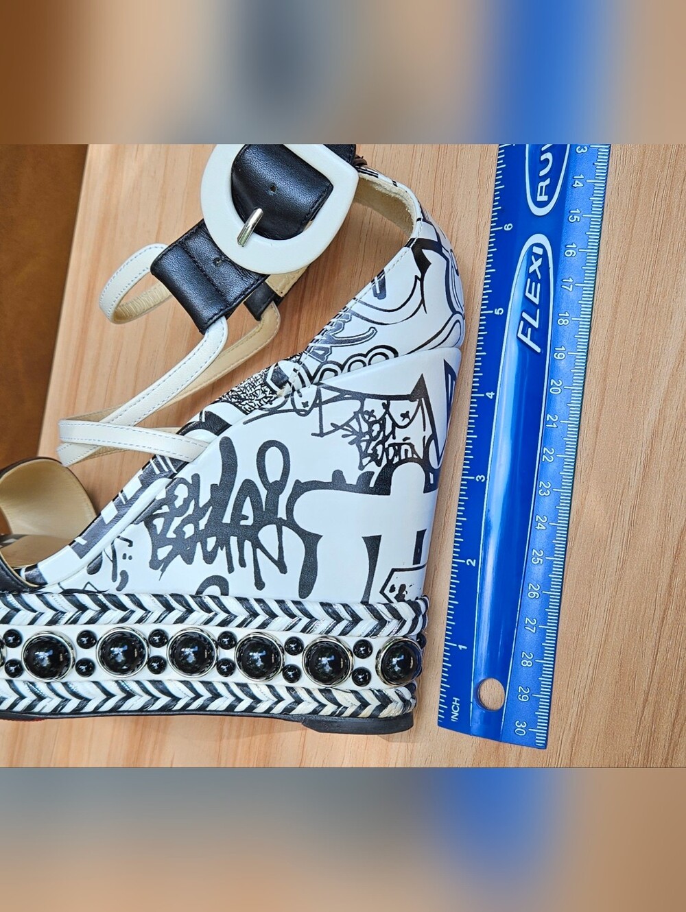 Christian Louboutin Black & White Graffiti Wedge Buckle Sandals Size 5 US - Picture 15 of 16